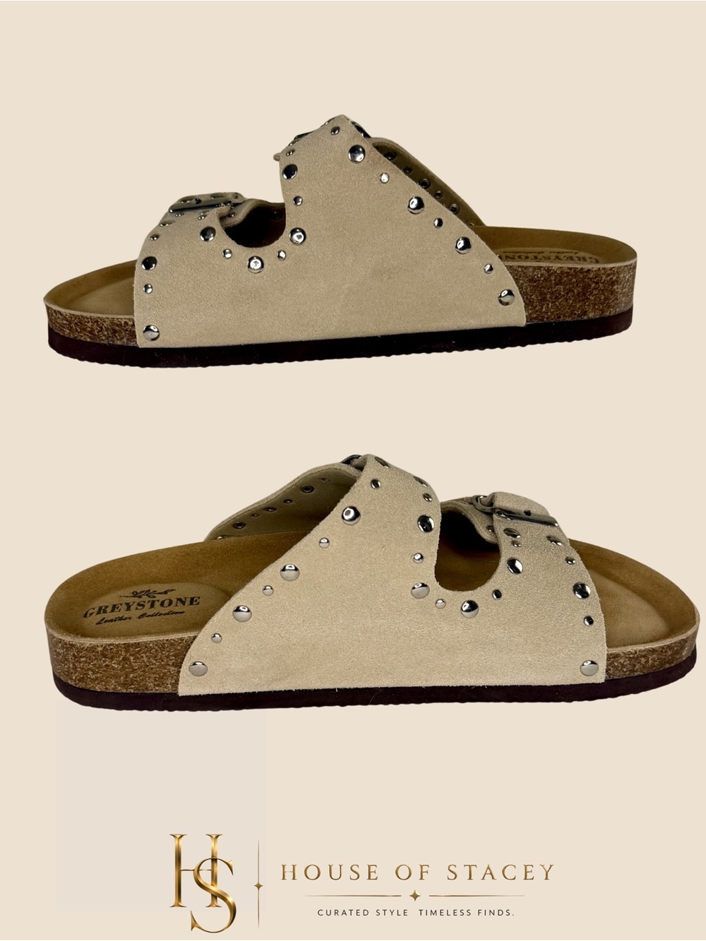 Greystone Genuine Suede Studded Double Buckle Slide Sandals